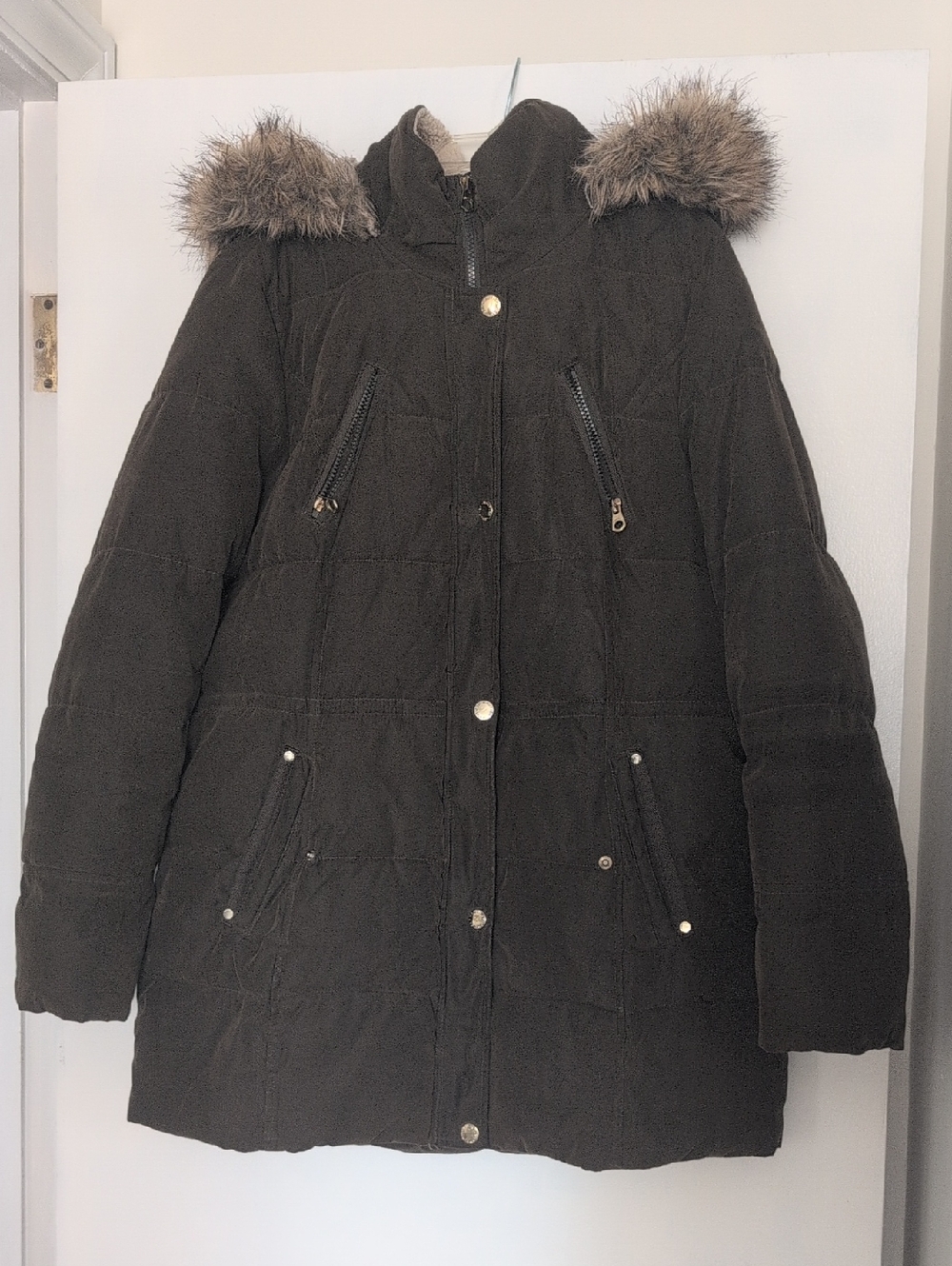 Nautica Dark Brown Quilted Puffer Coat with Faux Fur Hood